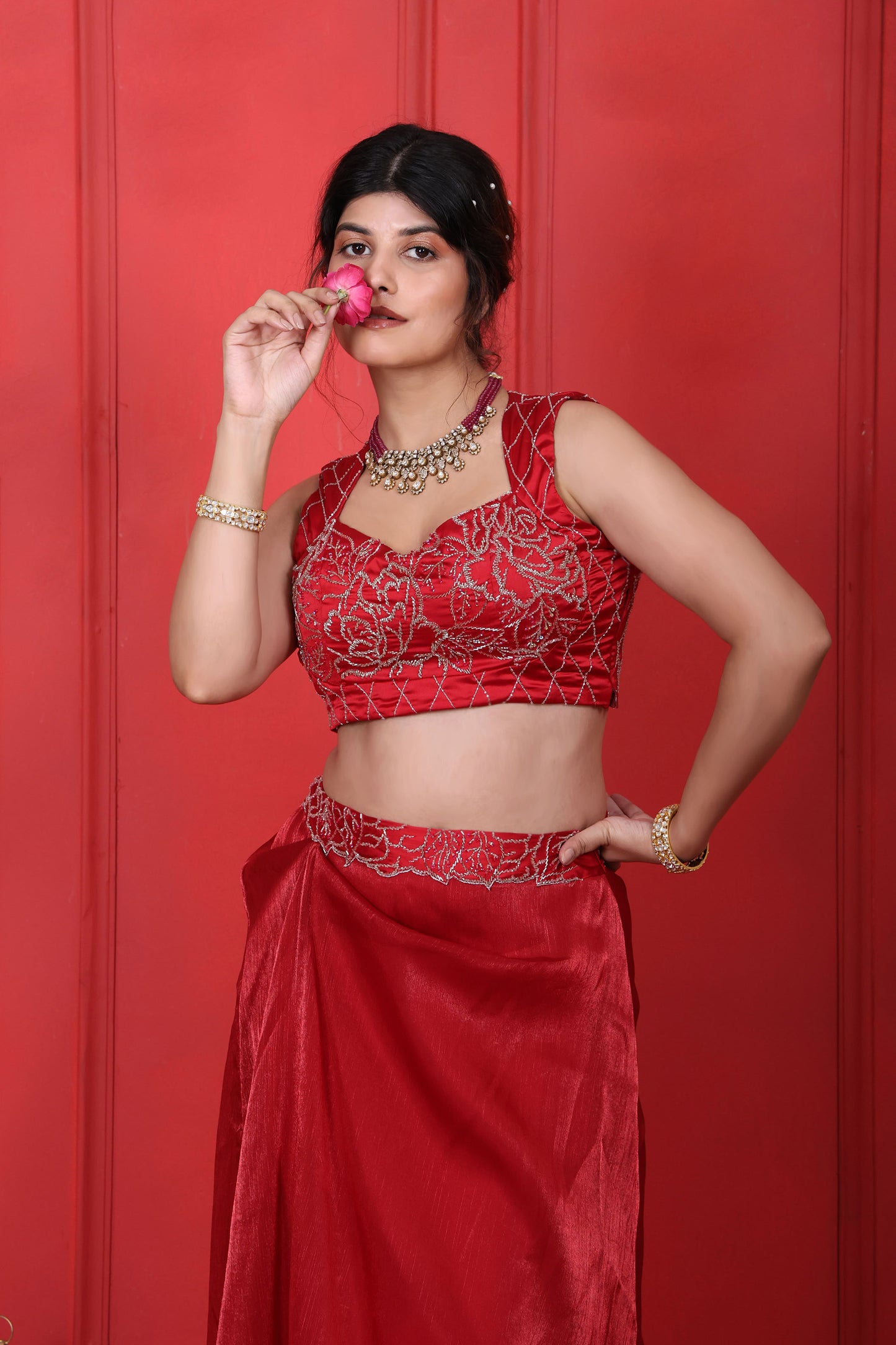 Cornell Red Choli With Drape Skirt Set