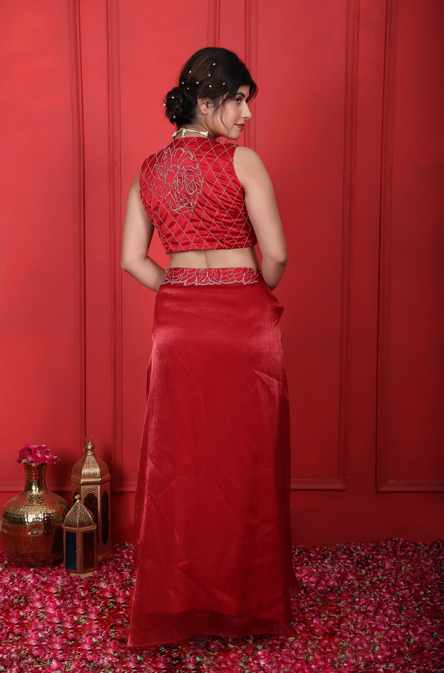 Cornell Red Choli With Drape Skirt Set