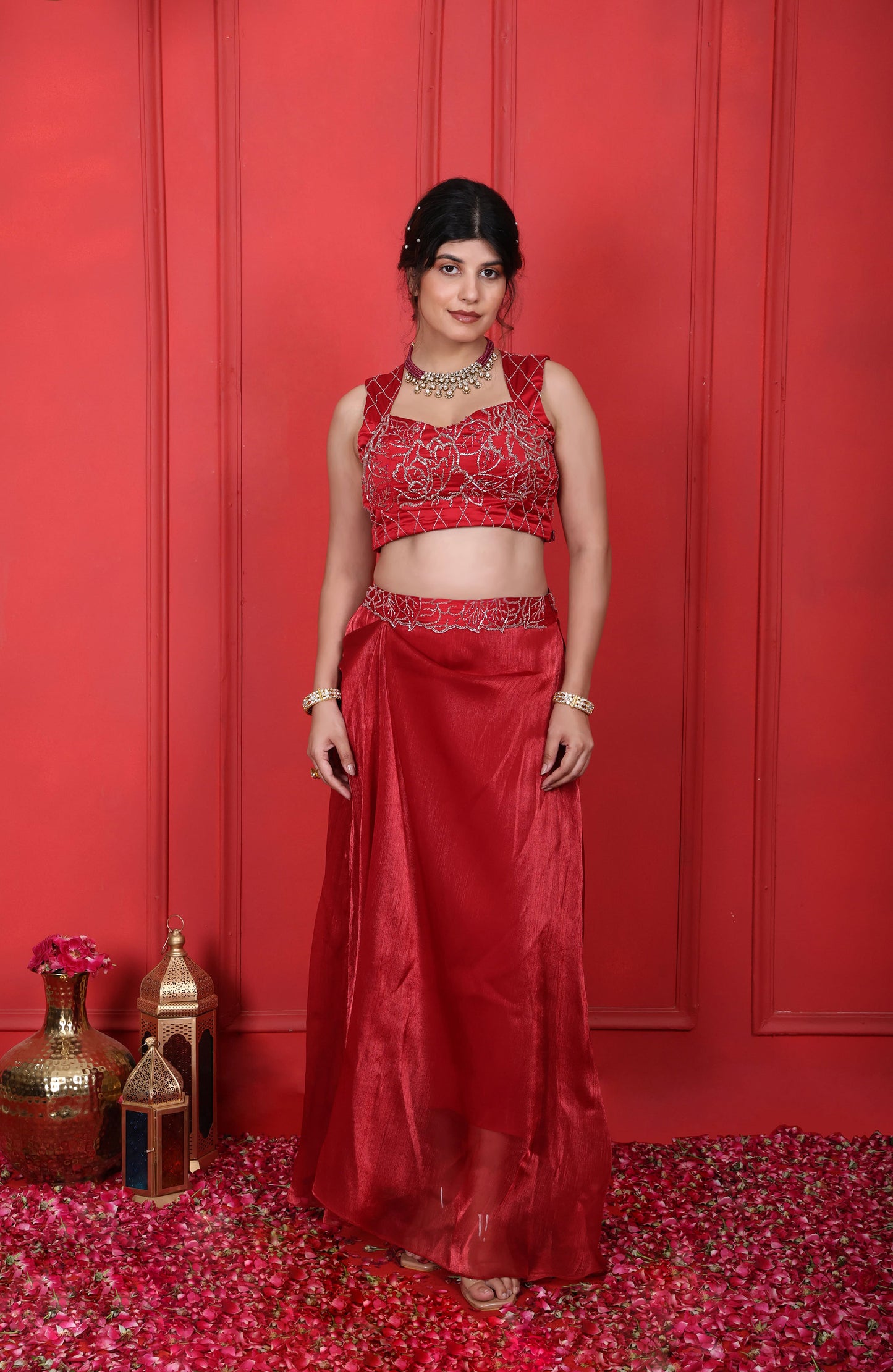 Cornell Red Choli With Drape Skirt Set