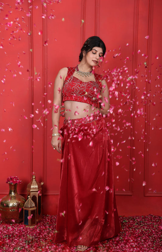 Cornell Red Choli With Drape Skirt Set