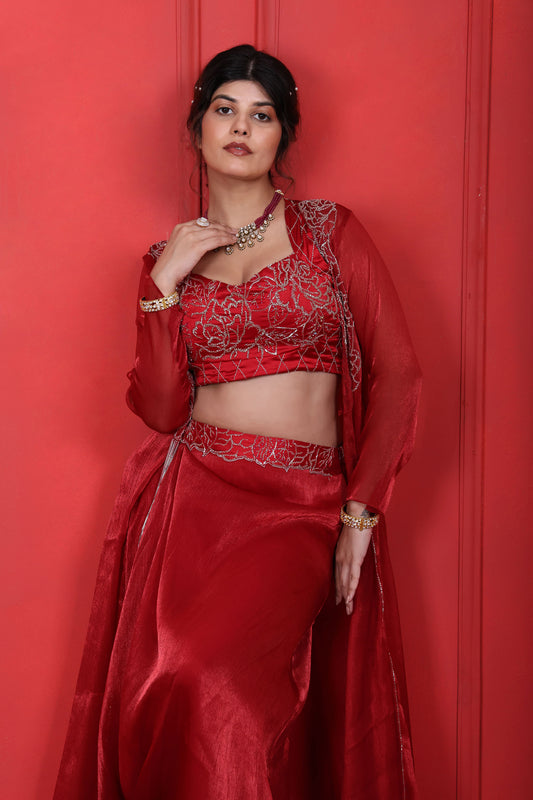 Hand Embroidered Cornell Red Choli Jacket & Drape Skirt Set