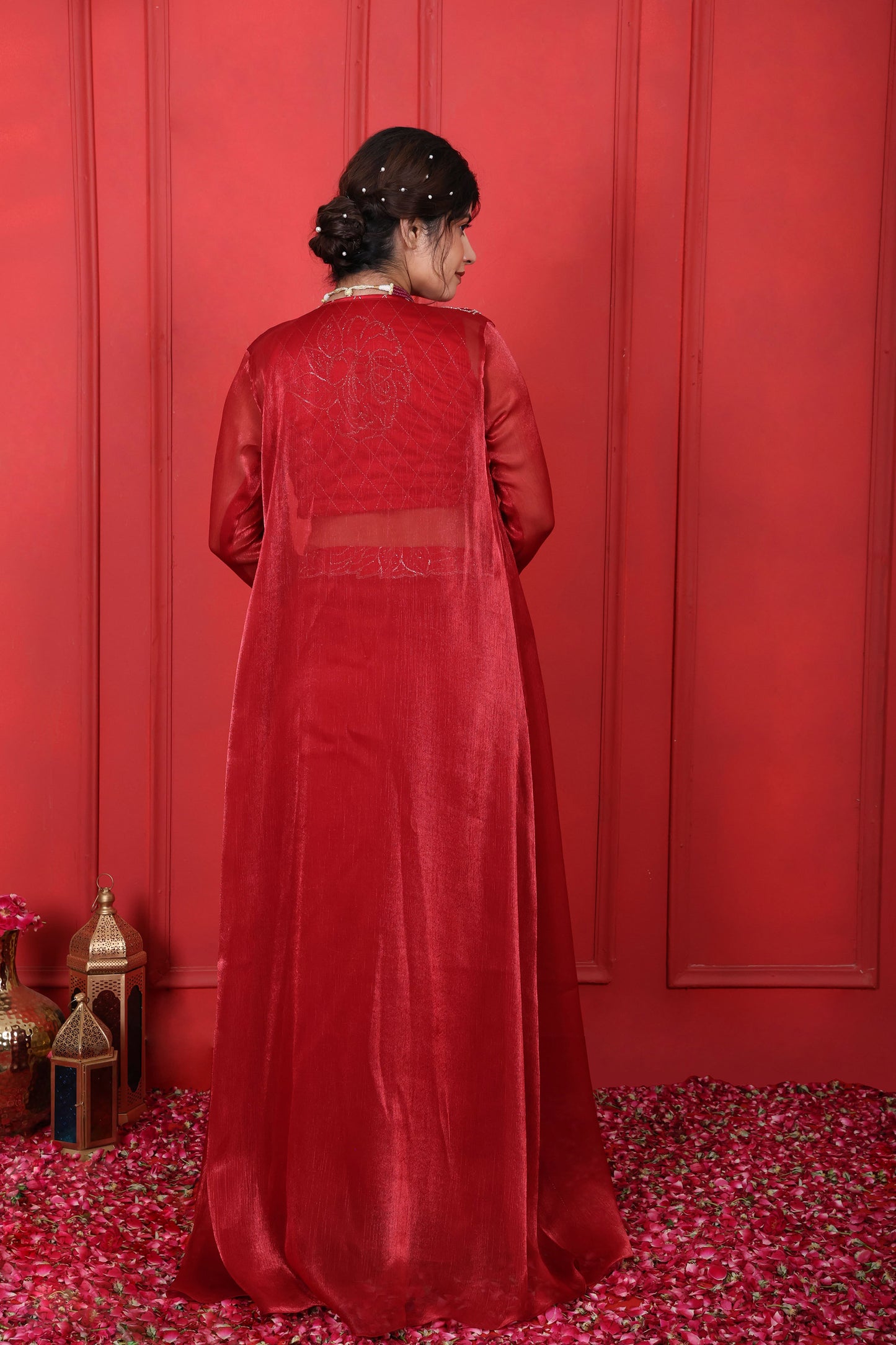 Hand Embroidered Cornell Red Choli Jacket & Drape Skirt Set
