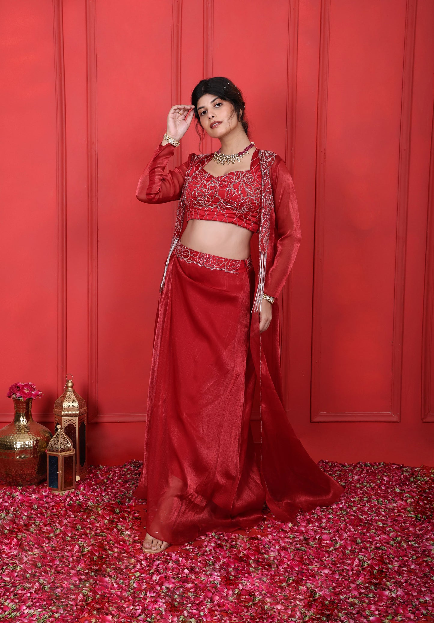 Hand Embroidered Cornell Red Choli Jacket & Drape Skirt Set