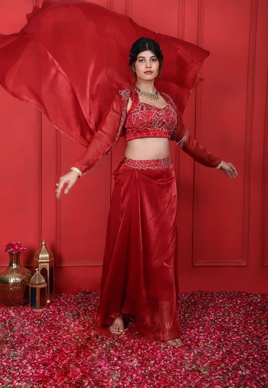 Hand Embroidered Cornell Red Choli Jacket & Drape Skirt Set