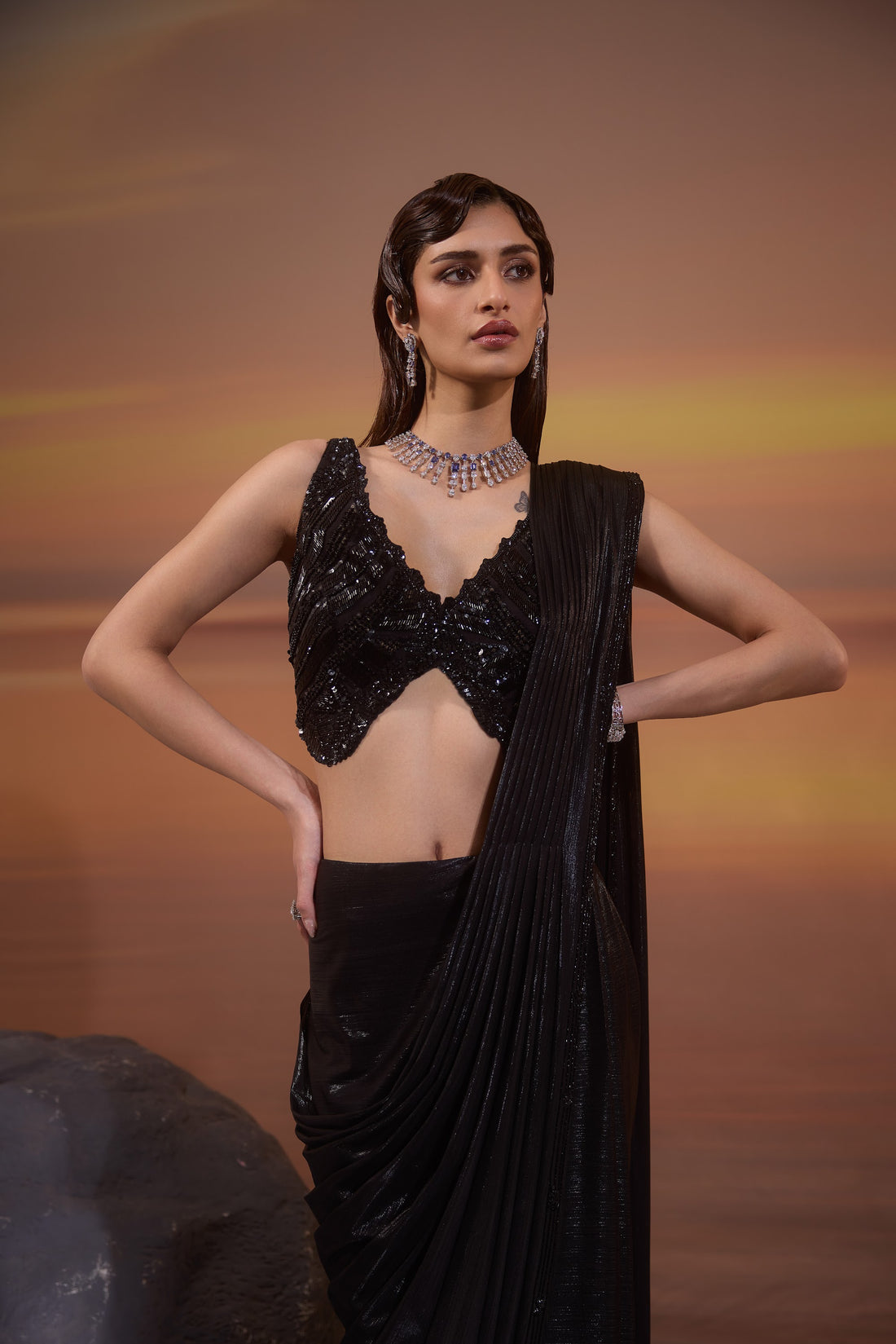 Black hand Embroidered Metallic Lycra Cocktail Drape Saree