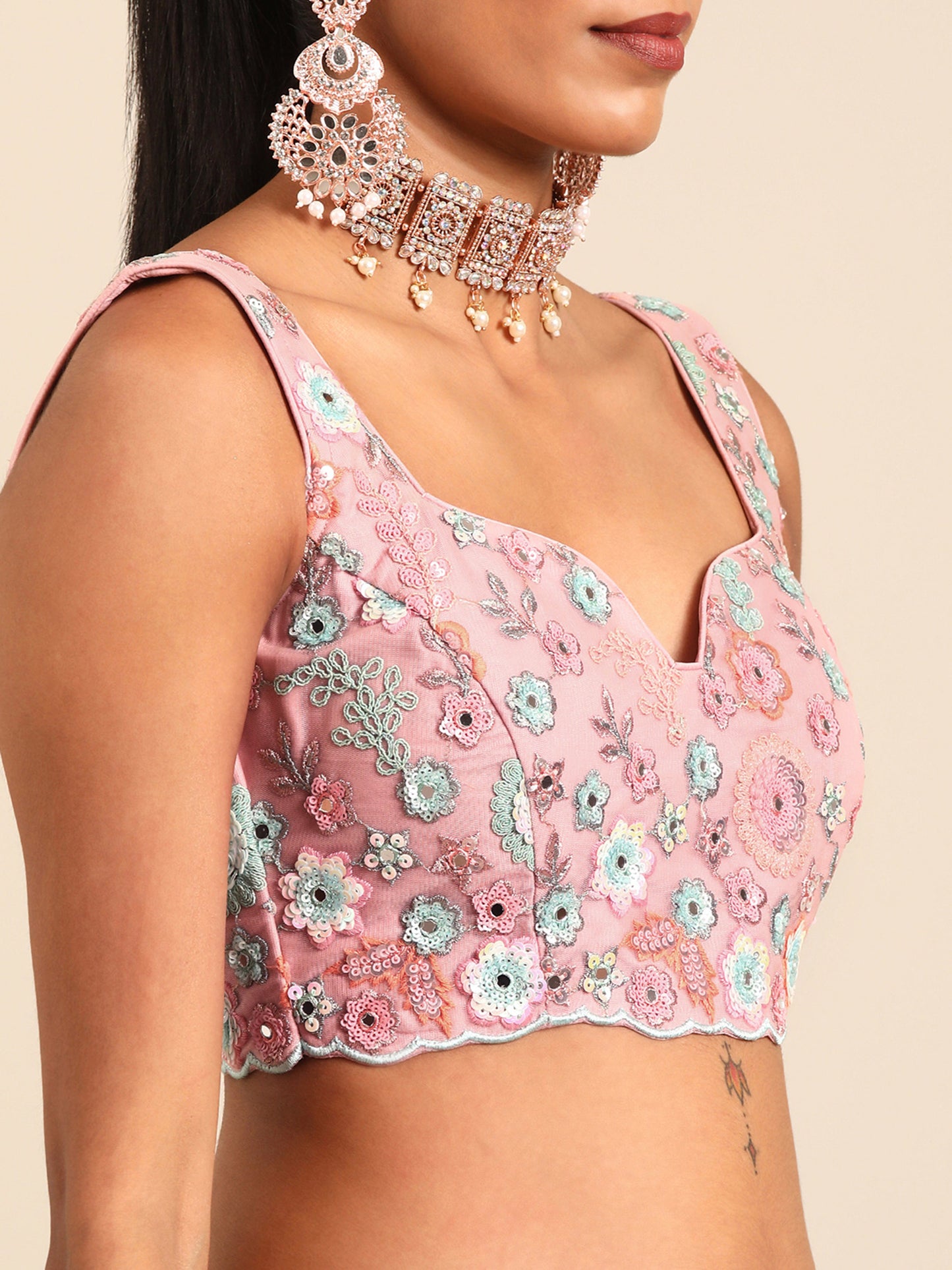 Pink Net Sequins, Mirror and thread embroidery Lehenga