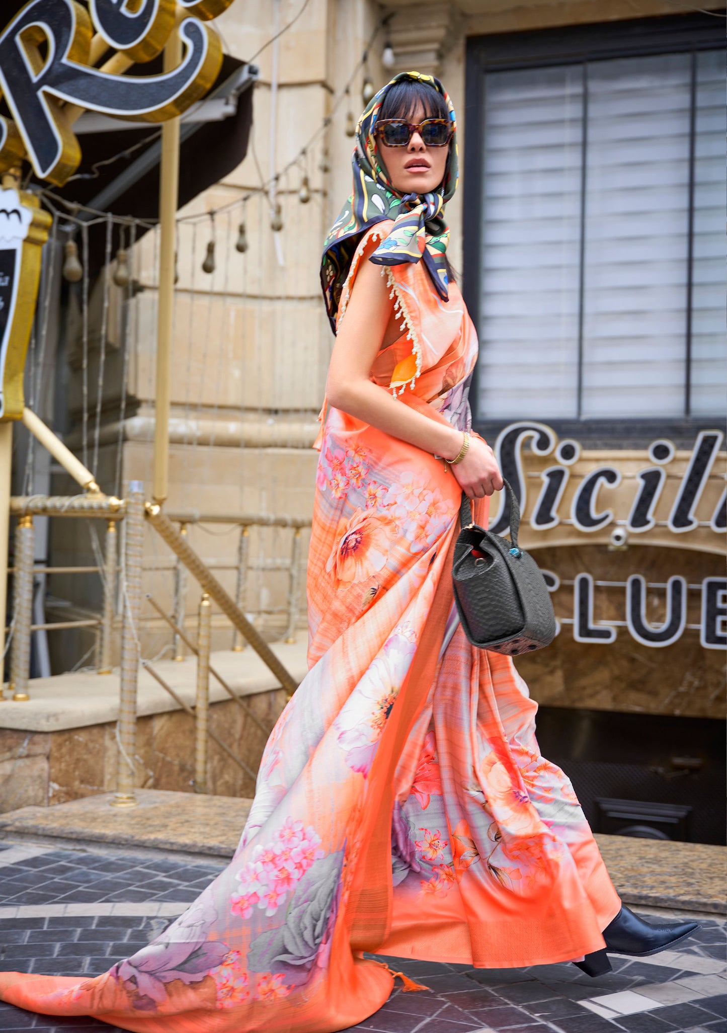 Orange FLoral Kopper Pure Gaji Silk Handloom Saree