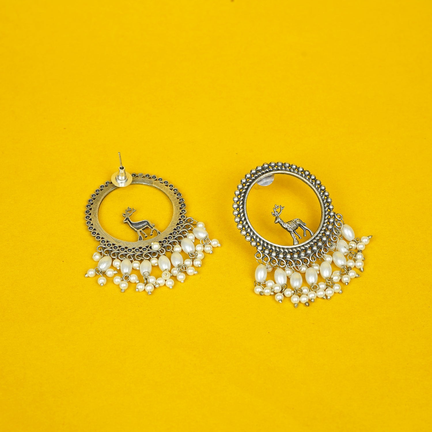 Zevar Club Oxidised Silver-Plated Round Deer Motif Earrings with Pearl Beads