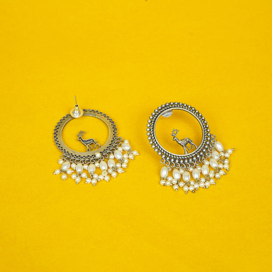 Zevar Club Oxidised Silver-Plated Round Deer Motif Earrings with Pearl Beads