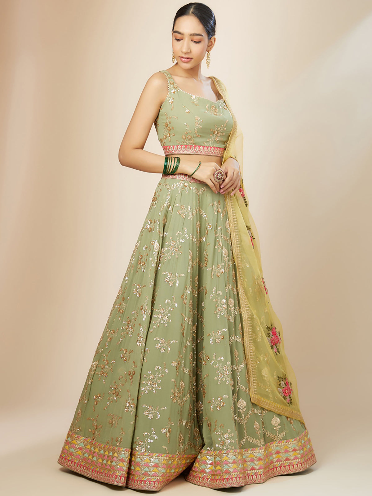 Pista Green & Yellow Georgette Zari & Sequins Work Wedding Guest Lehenga Choli