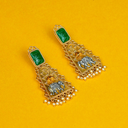 Zevar Club Oxidised Gold & Silver-Toned Elephant Motif Earring with Green Top & Pearls Drops