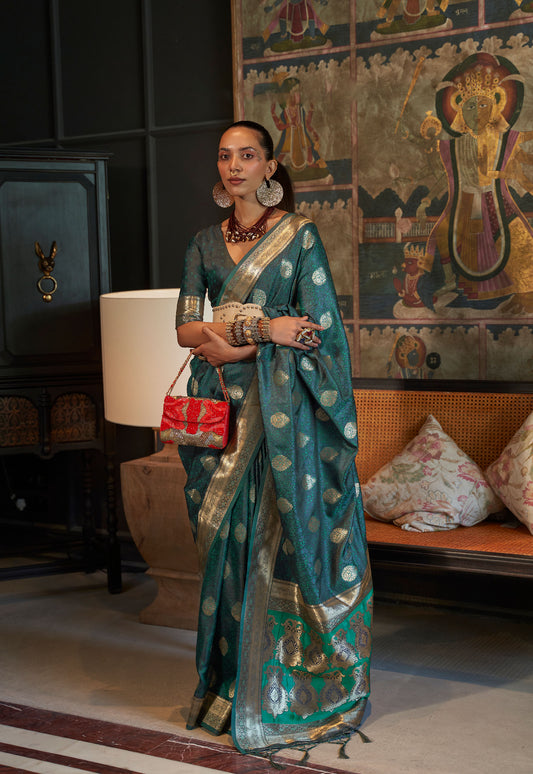 Dark Green Kona Pure Satin Tanchoi Handloom Silk Saree