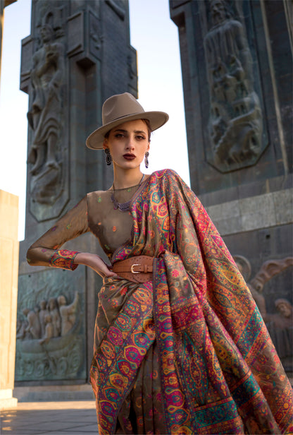 Coffee Brown Kashneer Organza Kashmiri Handloom Silk Saree