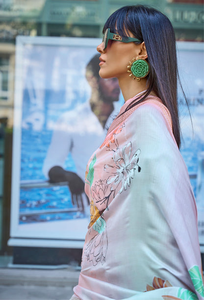 Peach Floral Klay Print Satin Organza Saree