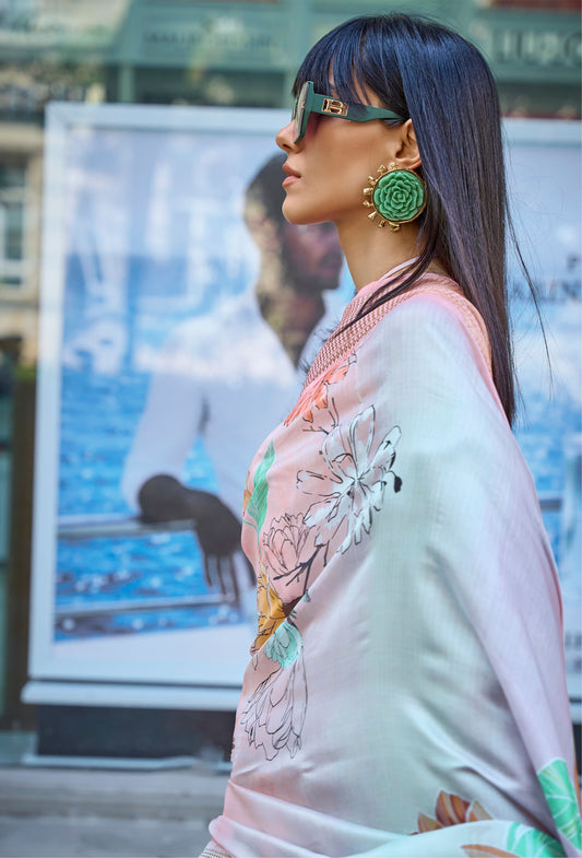 Peach Floral Klay Print Satin Organza Saree