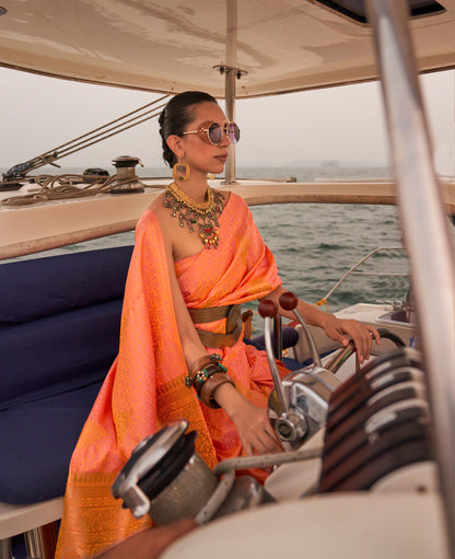 Orange Kokoro Satin Two tone handloom weaving saree