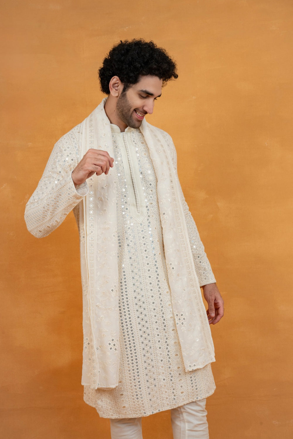 White silk lucknowi silk kurta set with mirror and sequins work