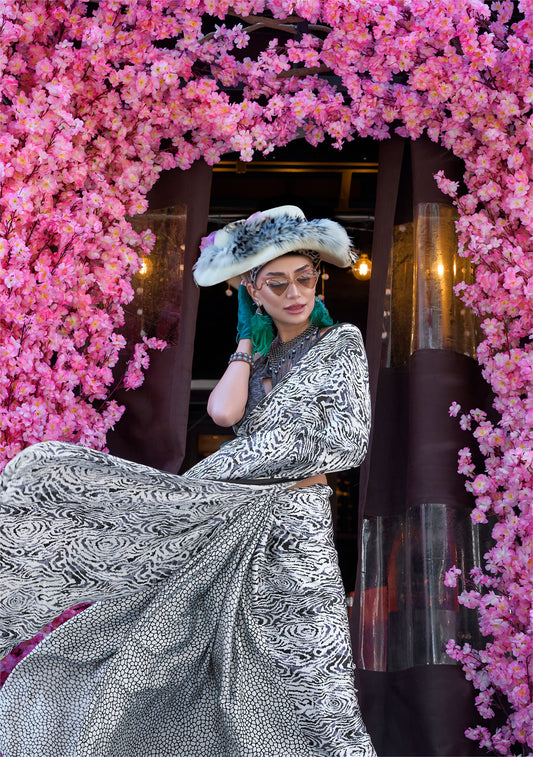 White and black Abstract Kazule Contemporary Satin Crepe Saree