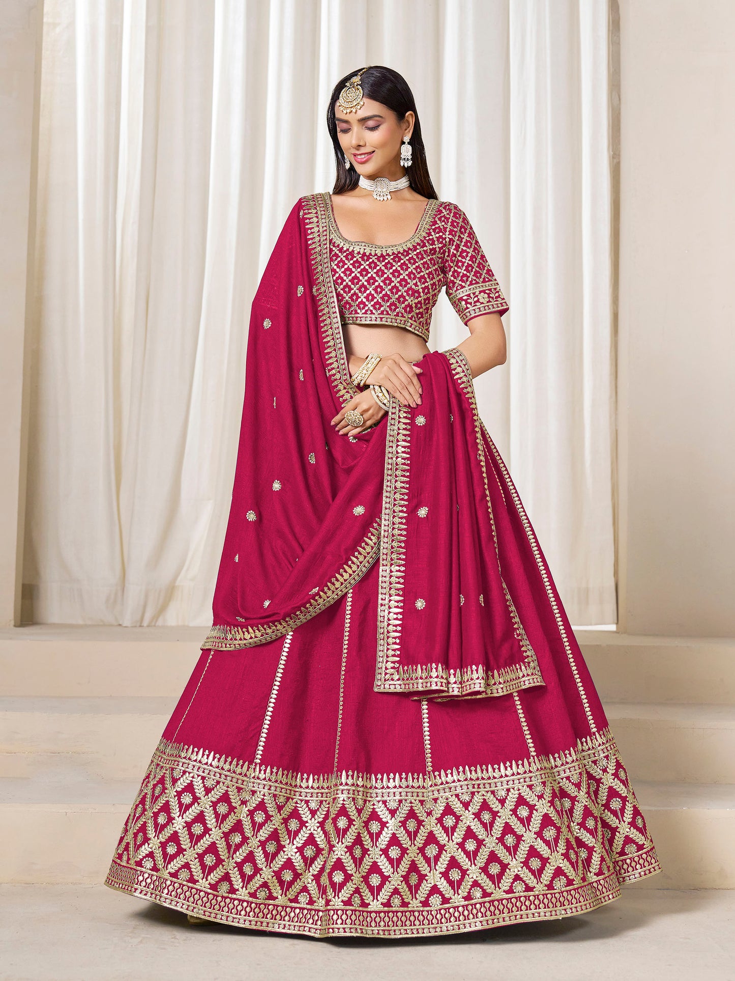 Rani Pink Heavy Sequins Embroidered Art Silk  Lehenga for Wedding Guest