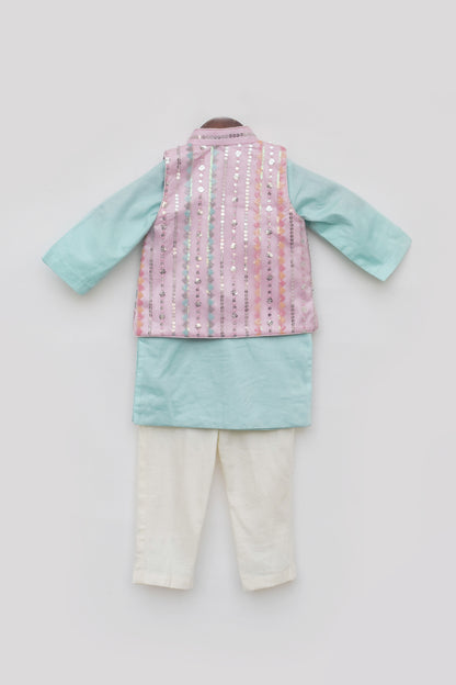 Blue Kurta with Pink Embroidery Nehru Jacket Set