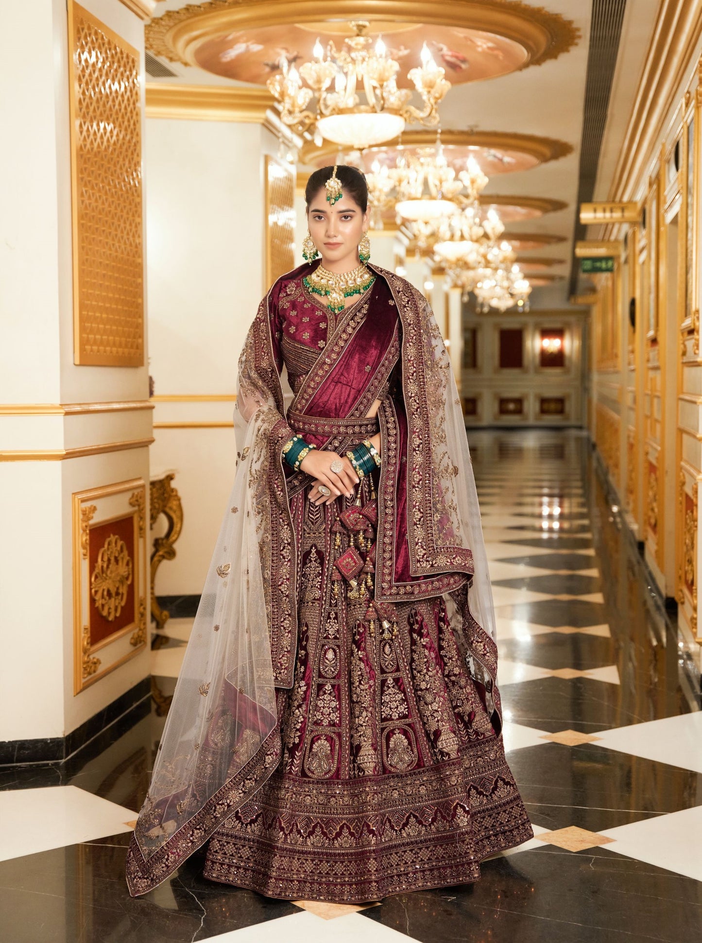 Marron Zarkan and Mirror Heavy Embroidery Velvet Bridal Lehenga