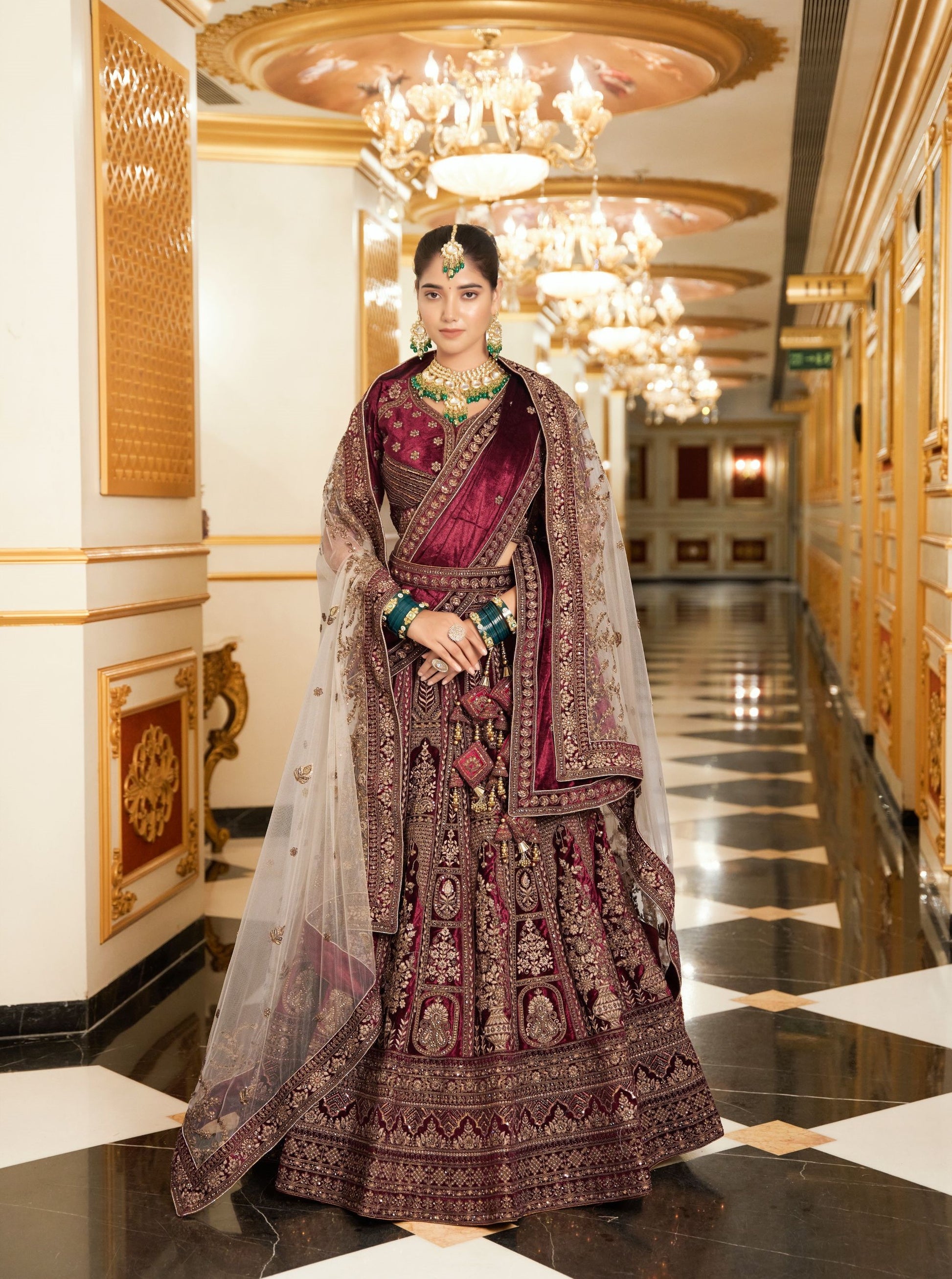 Marron Zarkan and Mirror Heavy Embroidery Velvet Bridal Lehenga