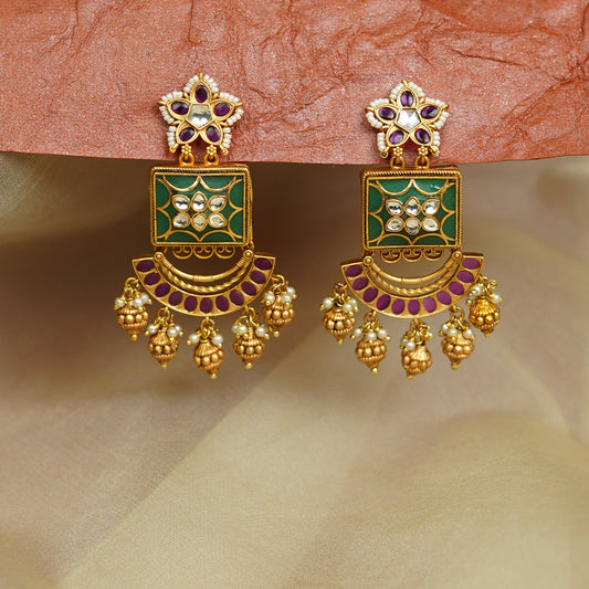 Zevar Club 18K Gold-Plated Ruby Pink Stone and Green Enamelled Kundan Chandbali Earrings