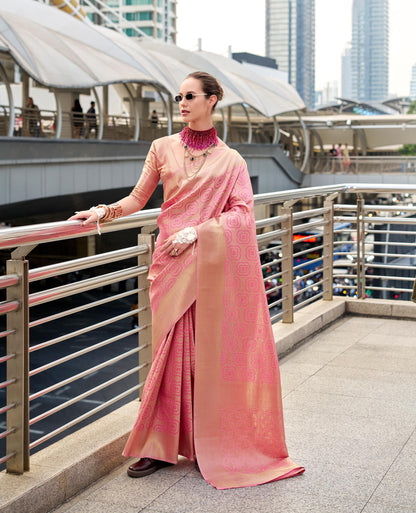 Pink Butterscotch Handloom Kanchivaram Buttery Silk Saree