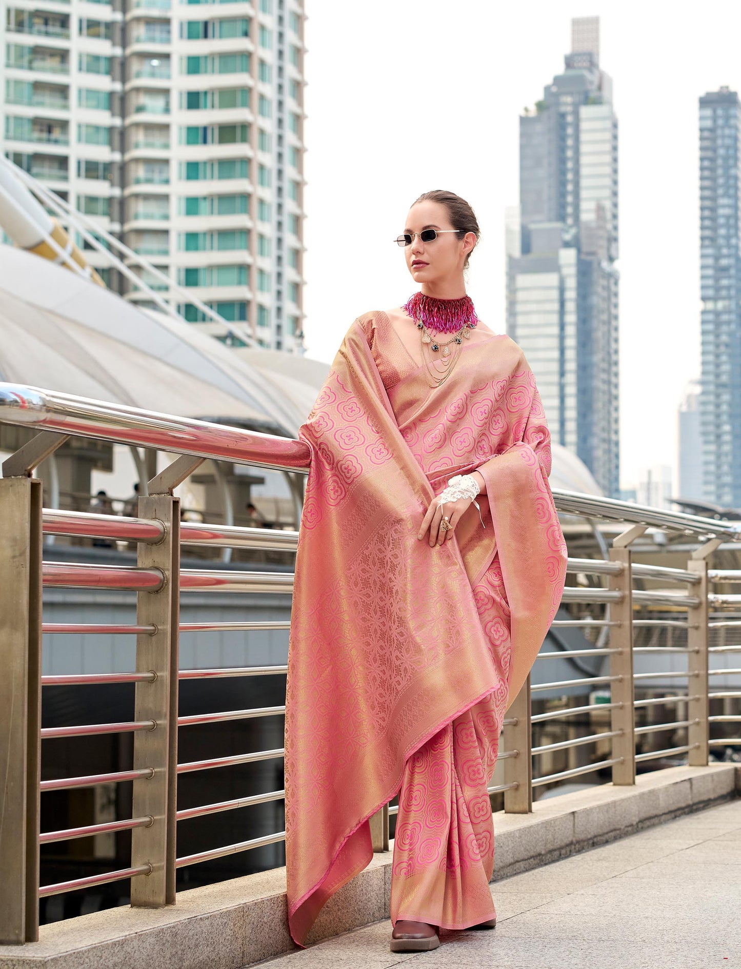Pink Butterscotch Handloom Kanchivaram Buttery Silk Saree
