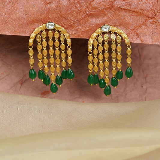 Zevar Club 22K Gold-Plated Semi-Circle Earrings with Green Beads & Golden Chain Drops