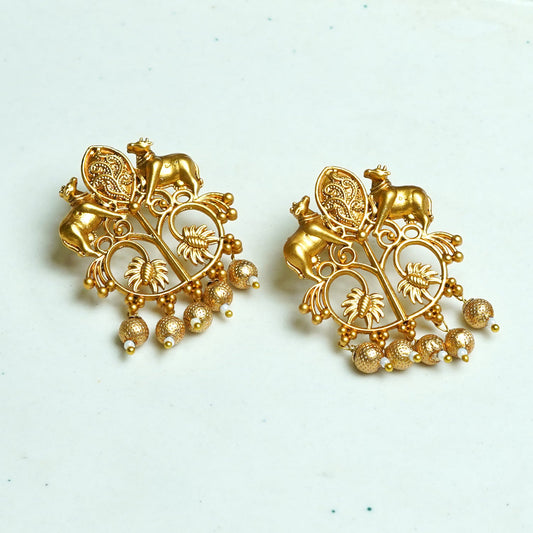 Zevar Club Oxidised Gold-Tone Cow Motif Dangler Earrings with Beads – Antique Statement Jewelry
