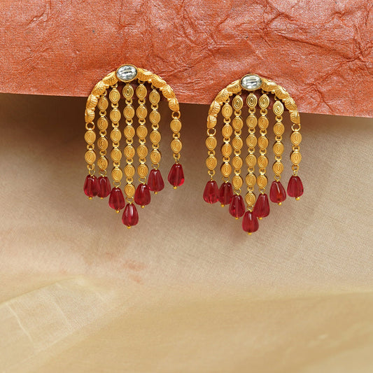 Zevar Club 22K Gold-Plated Handcrafted Semi-Circle Dangler Earrings with Ruby Red Beads & Golden Chain Drops