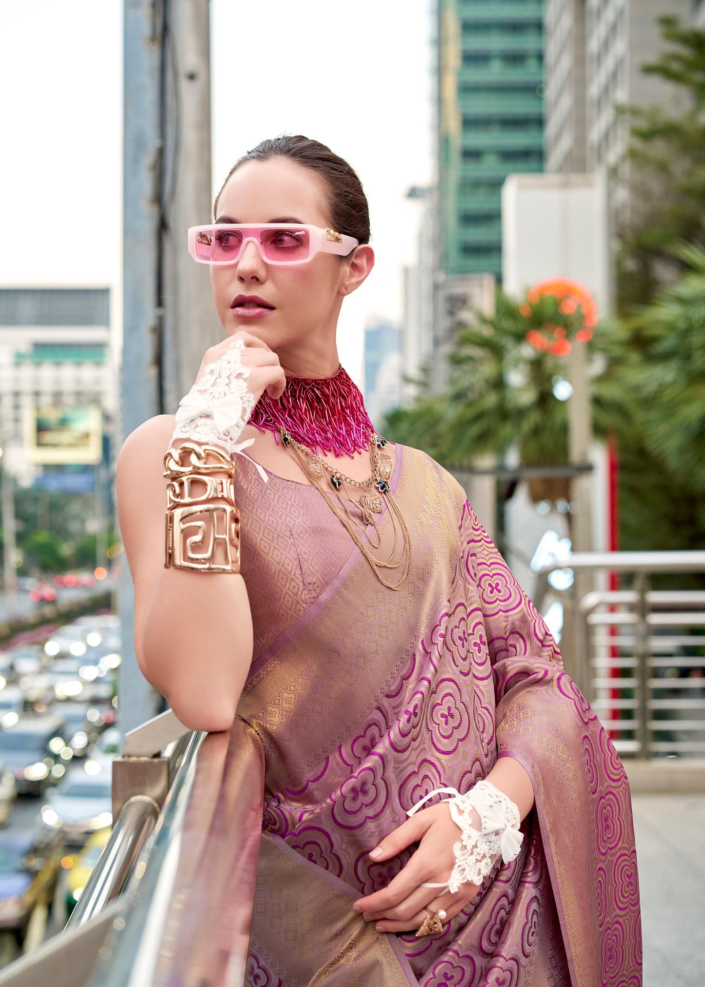 Mauve Butterscotch Handloom Kanchivaram Buttery Silk Saree