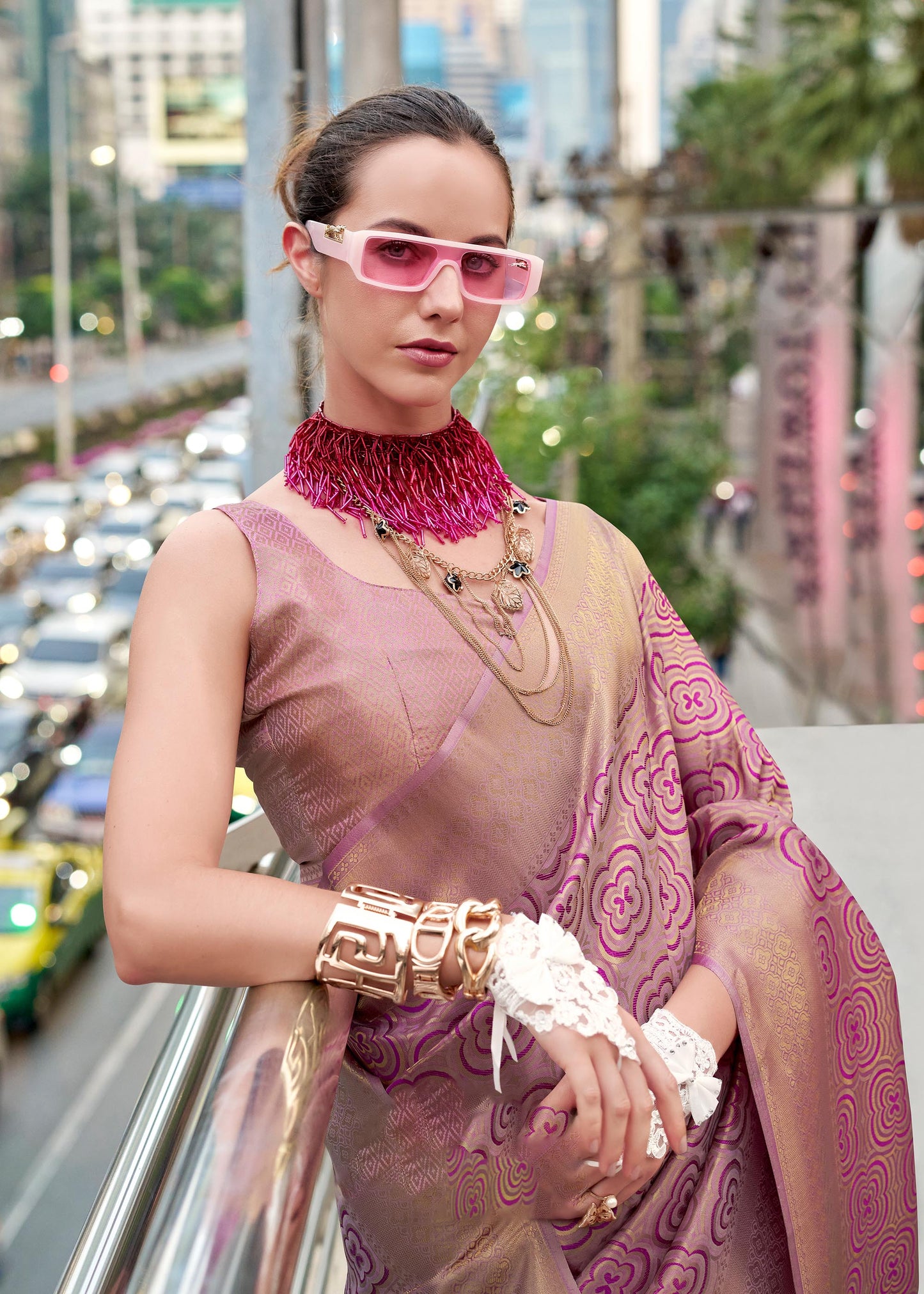 Mauve Butterscotch Handloom Kanchivaram Buttery Silk Saree