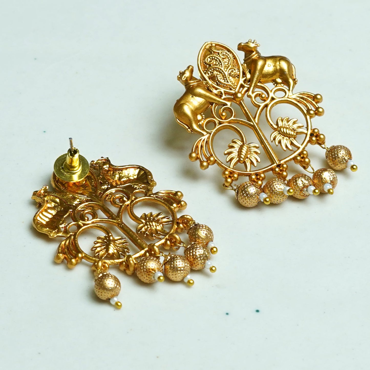 Zevar Club Oxidised Gold-Tone Cow Motif Dangler Earrings with Beads – Antique Statement Jewelry