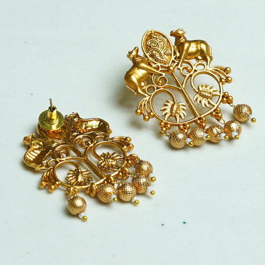 Zevar Club Oxidised Gold-Tone Cow Motif Dangler Earrings with Beads – Antique Statement Jewelry