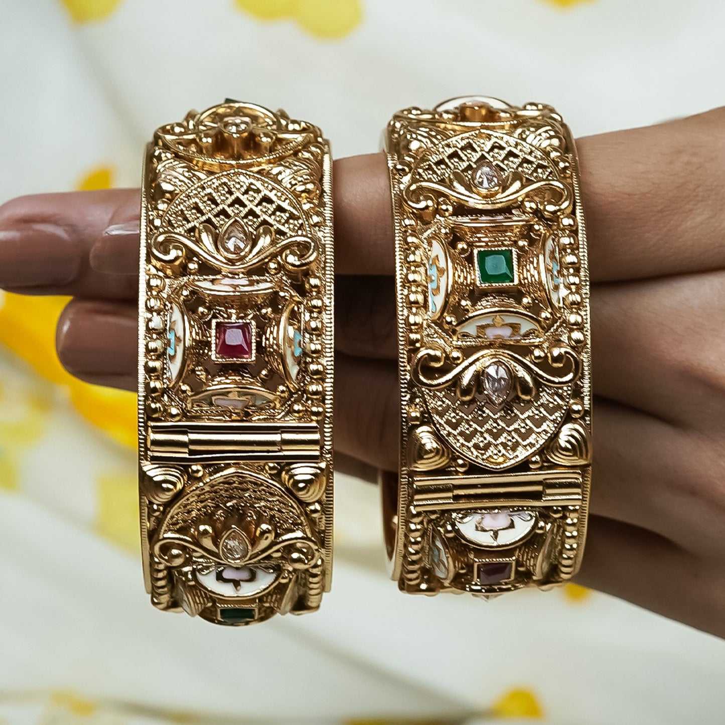 Zevar Club Set of 2 24K Gold-Plated Handcrafted Rajwadi Bangles with Ruby Red & Emerald Green Kundan Studded Floral & Embossed Motifs