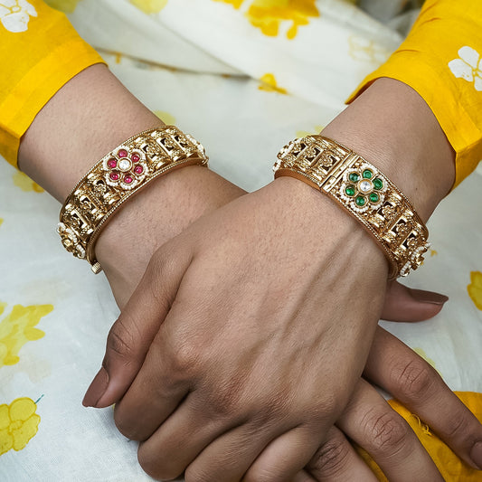 Zevar Club Set of 2 22K Gold-Plated Handcrafted Rajwadi Bangles with Ruby Red & Emerald Green Floral Kundan Motif