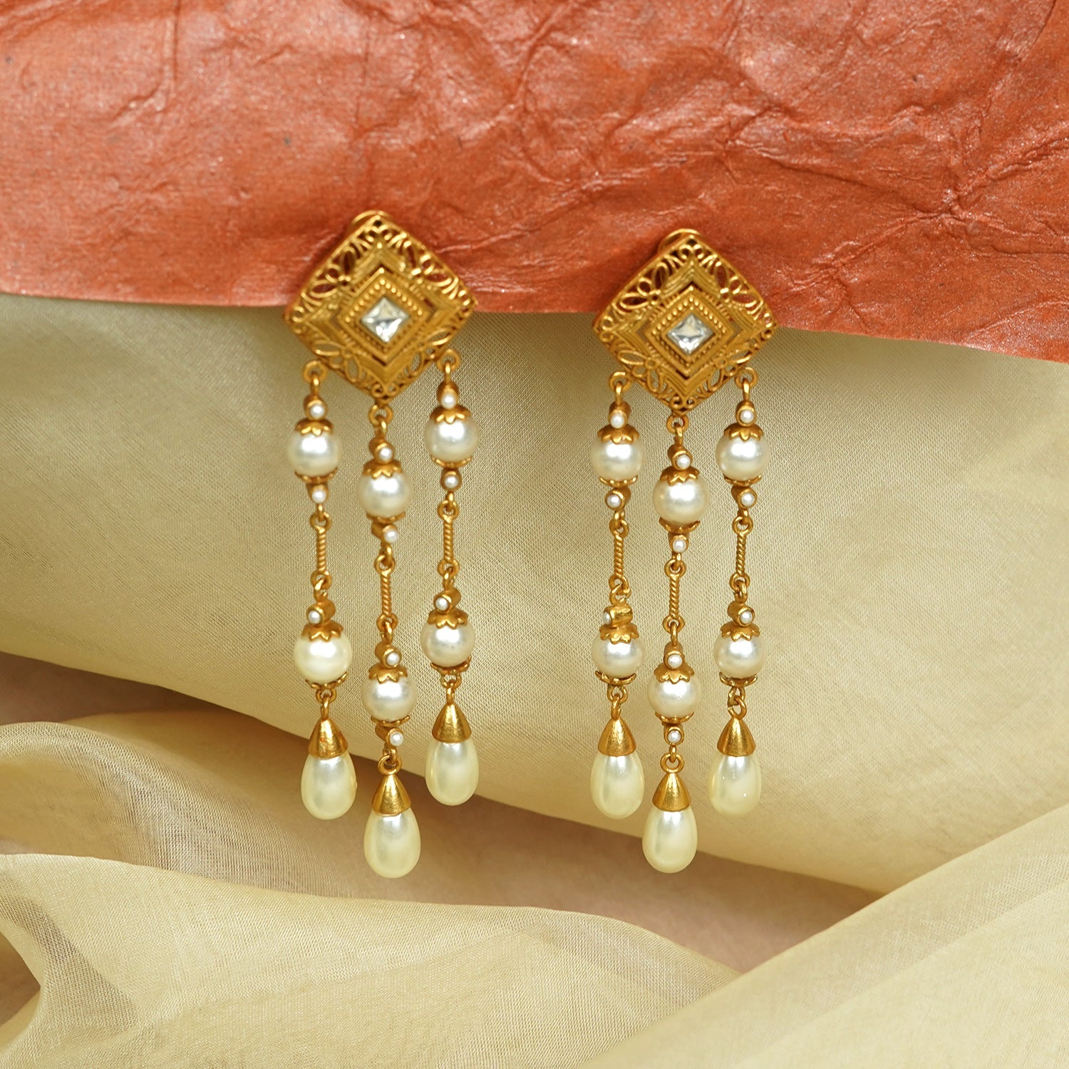Zevar Club 22K Gold-Plated Handcrafted White Pearl & Kundan Studded Cascading Dangle Earrings
