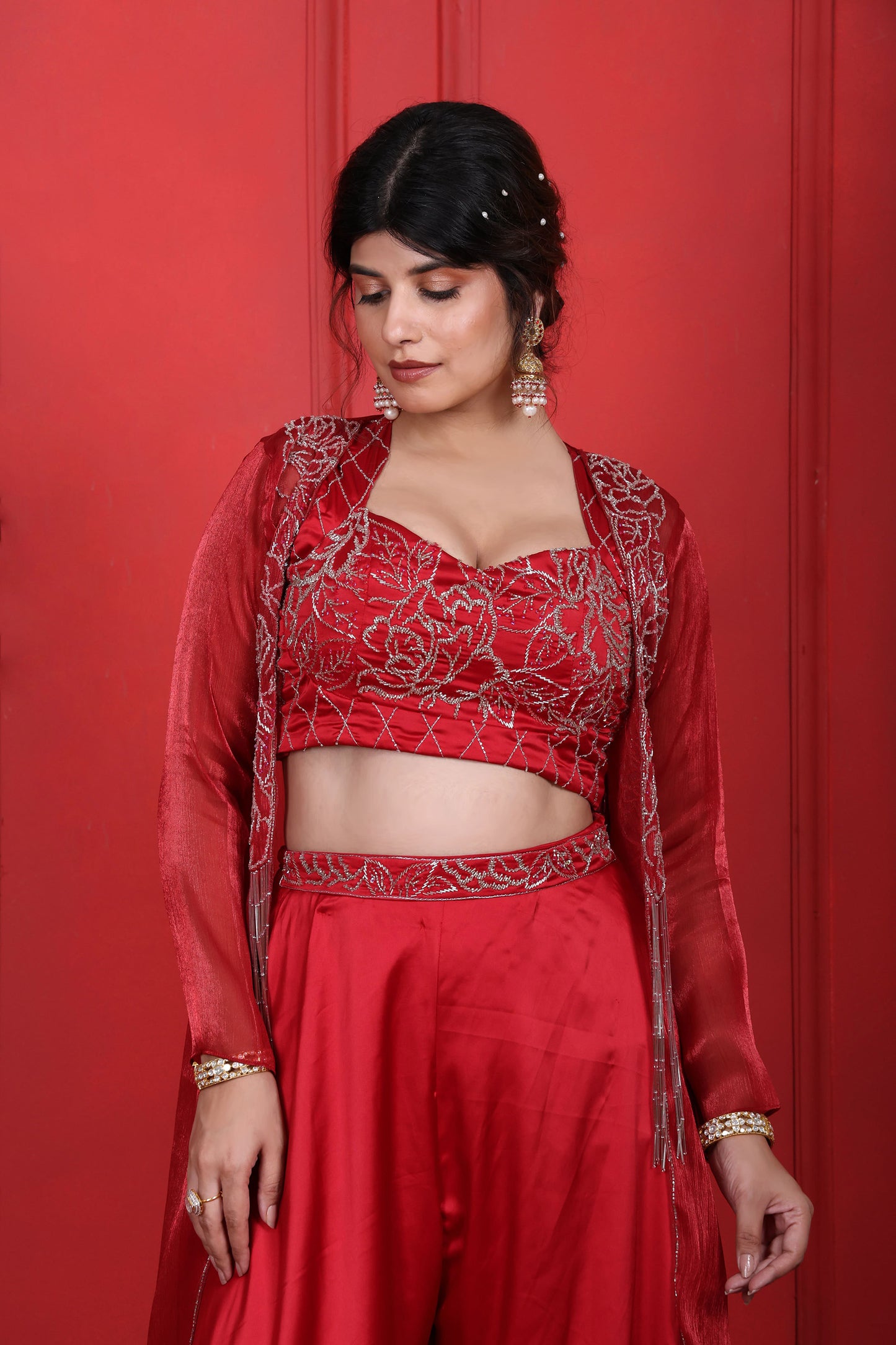 Cornell Red Flared Pants With Choli & Jacket
