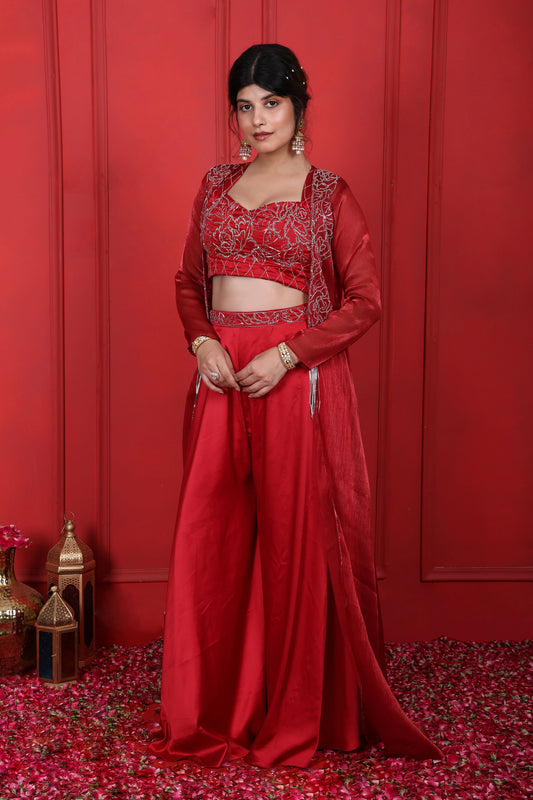 Cornell Red Flared Pants With Choli & Jacket