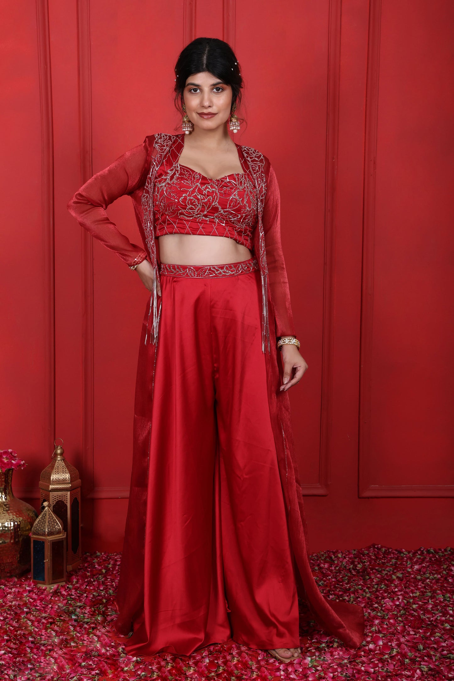 Cornell Red Flared Pants With Choli & Jacket