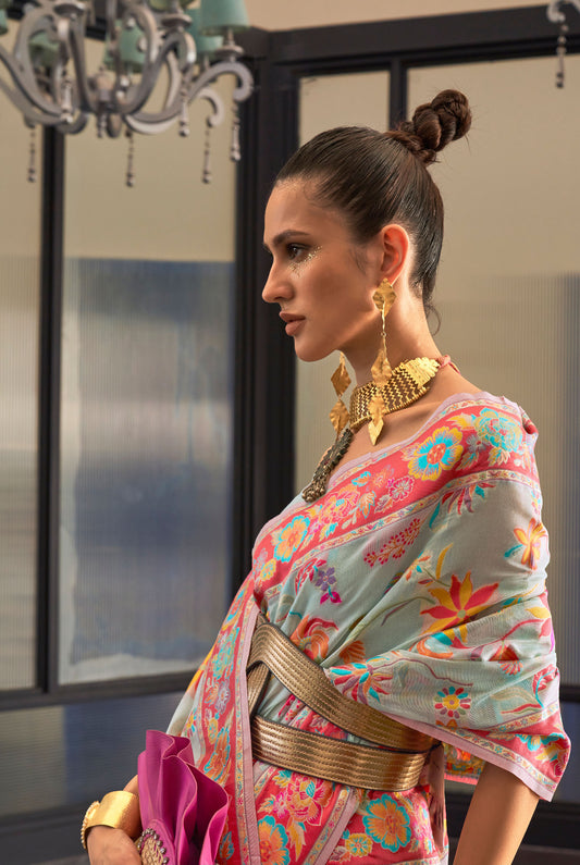 Mint Blue Kabira Kashmiri Modal Handloom Silk Saree