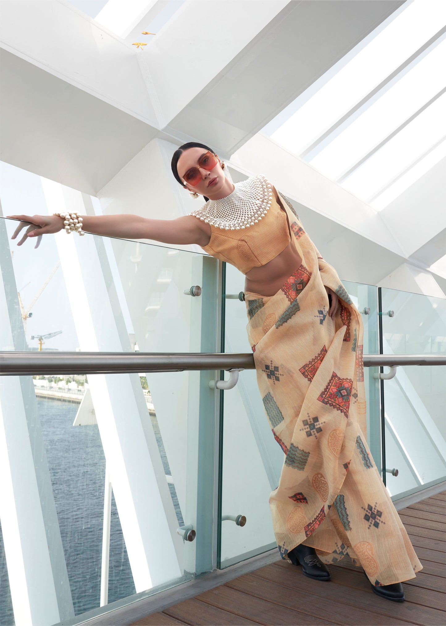 Cream Kroma Zari Tissue handwoven Printed Silk Saree