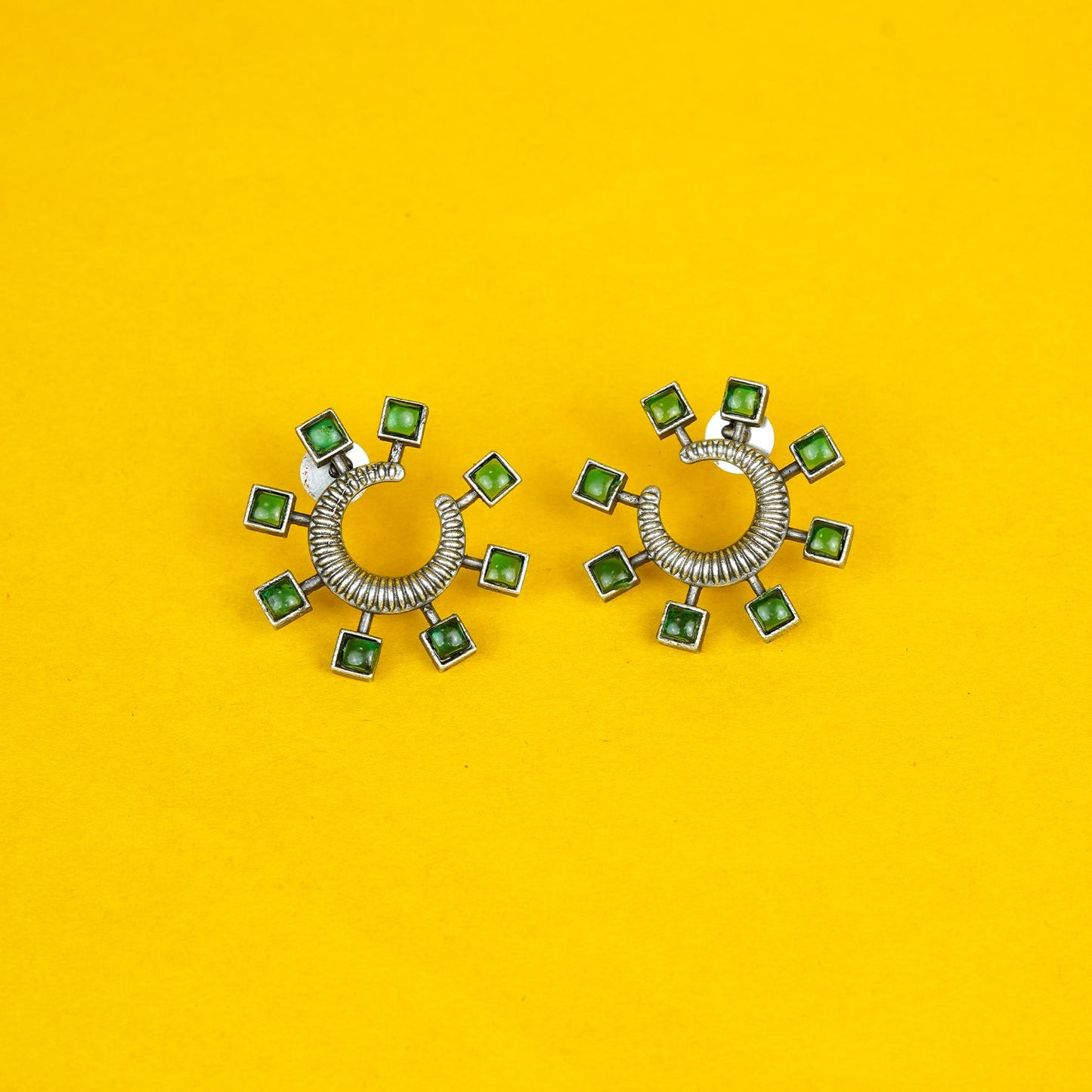 Zevar Club Oxidised Silver-Plated Emerald Green AD Studded Half-Hoop Earrings