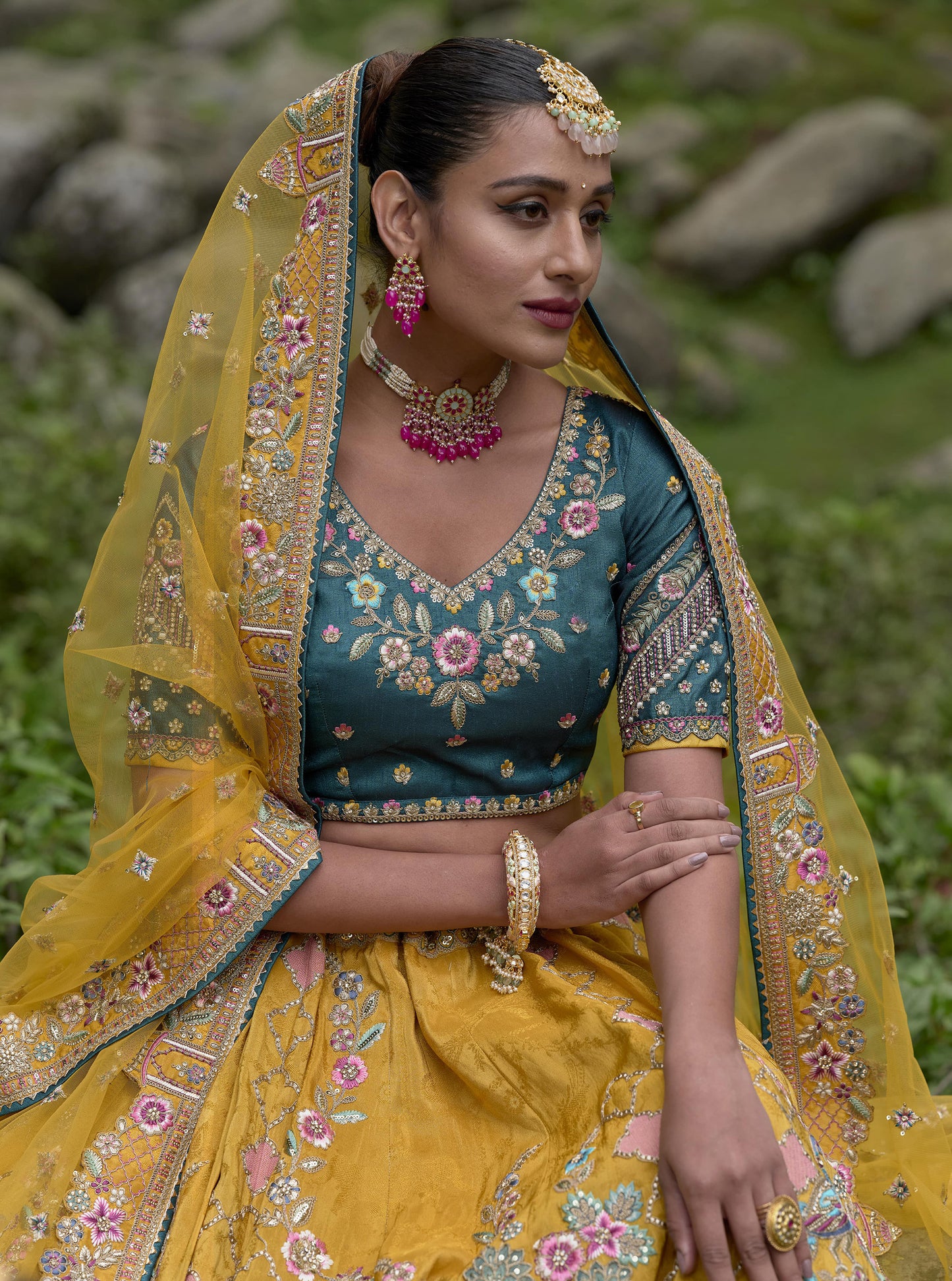 Elegant Mustard Yellow Circular Lehenga Set in Gudwal Self Pure Viscos with Silk Blouse and Rama Net Dupatta