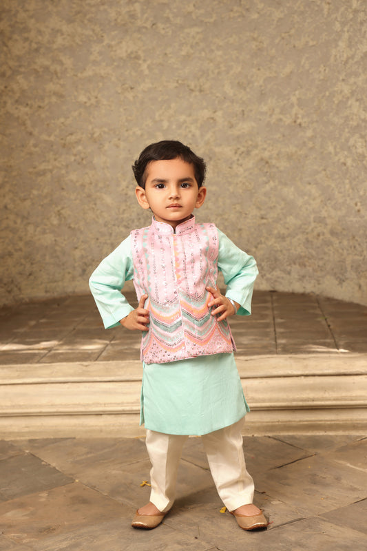 Blue Kurta with Pink Embroidery Nehru Jacket Set
