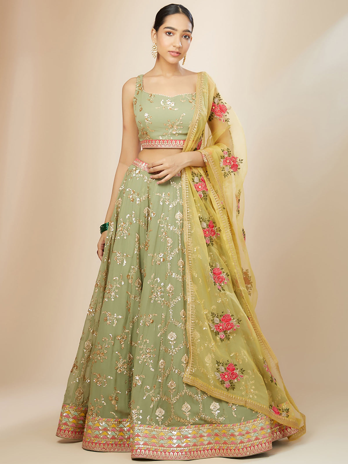 Pista Green & Yellow Georgette Zari & Sequins Work Wedding Guest Lehenga Choli