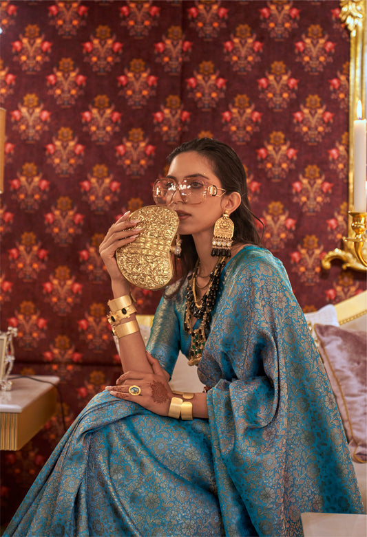Teal Blue Kabby Nylon Zari Silk Handloom Saree
