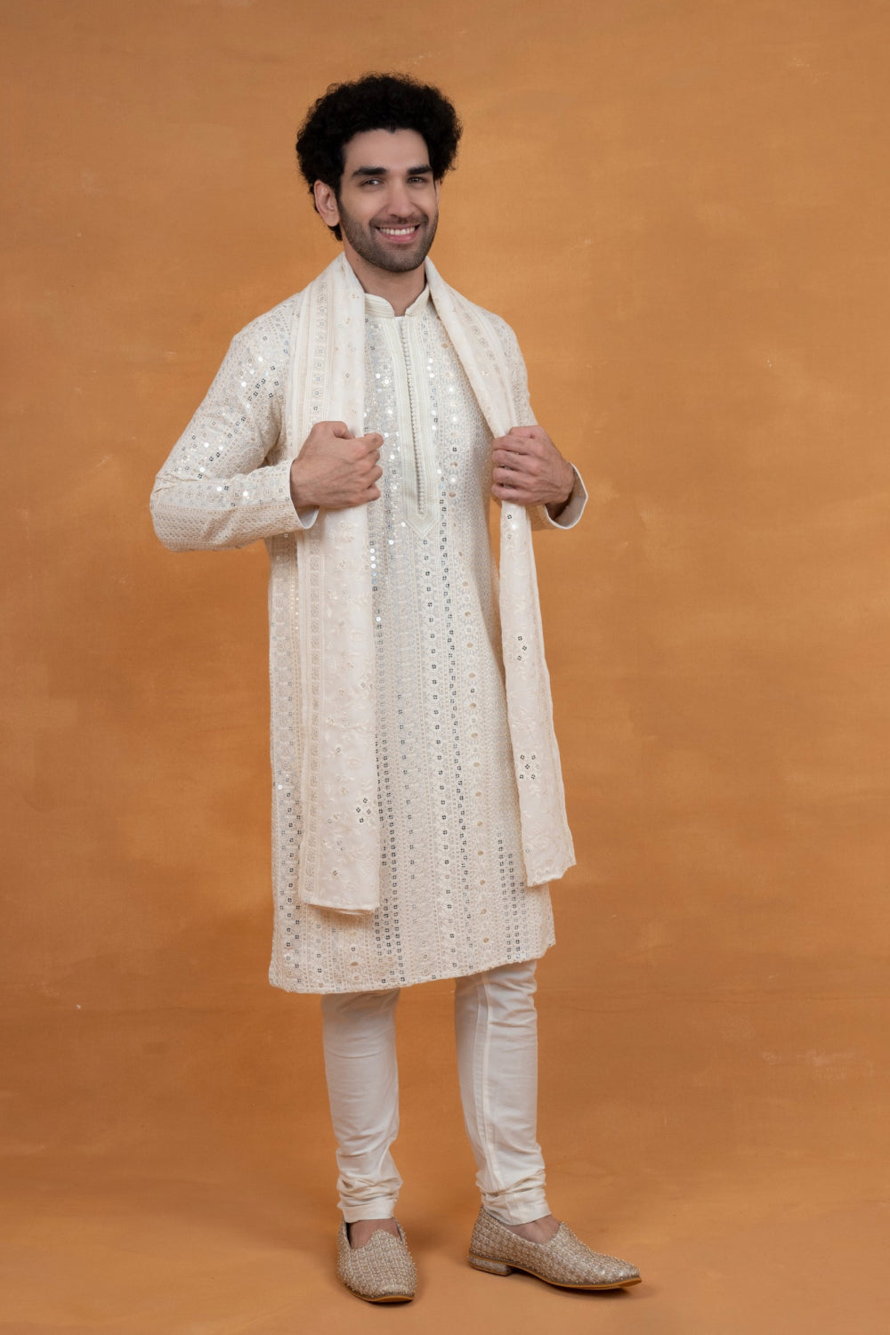 White silk lucknowi silk kurta set with mirror and sequins work
